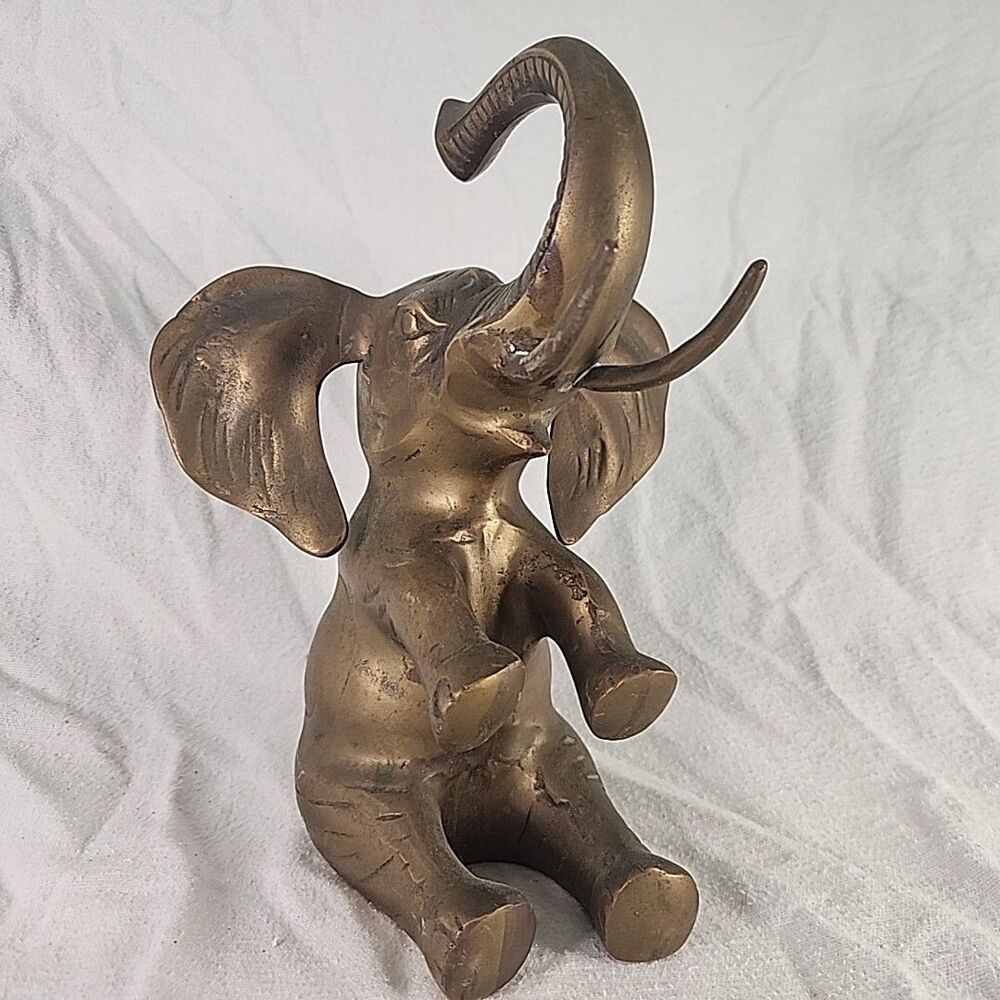 Statue Elephant Brass Sitting Solid 10” Tall 3 Lb Hollywood Regency Trunk Up VTG